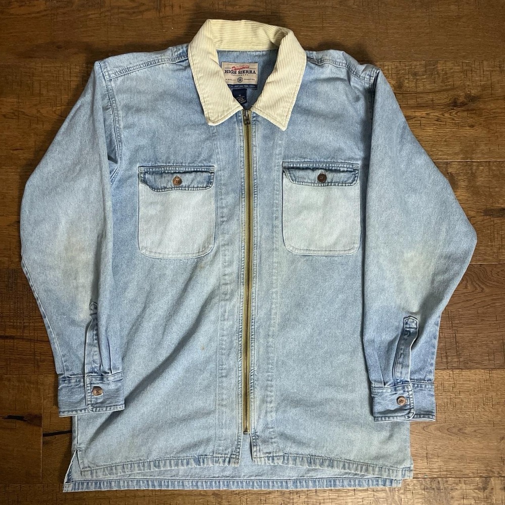 High Sierra Denim Jacket Mens M Blue Vintage Americana Corduroy Collar Zip Up